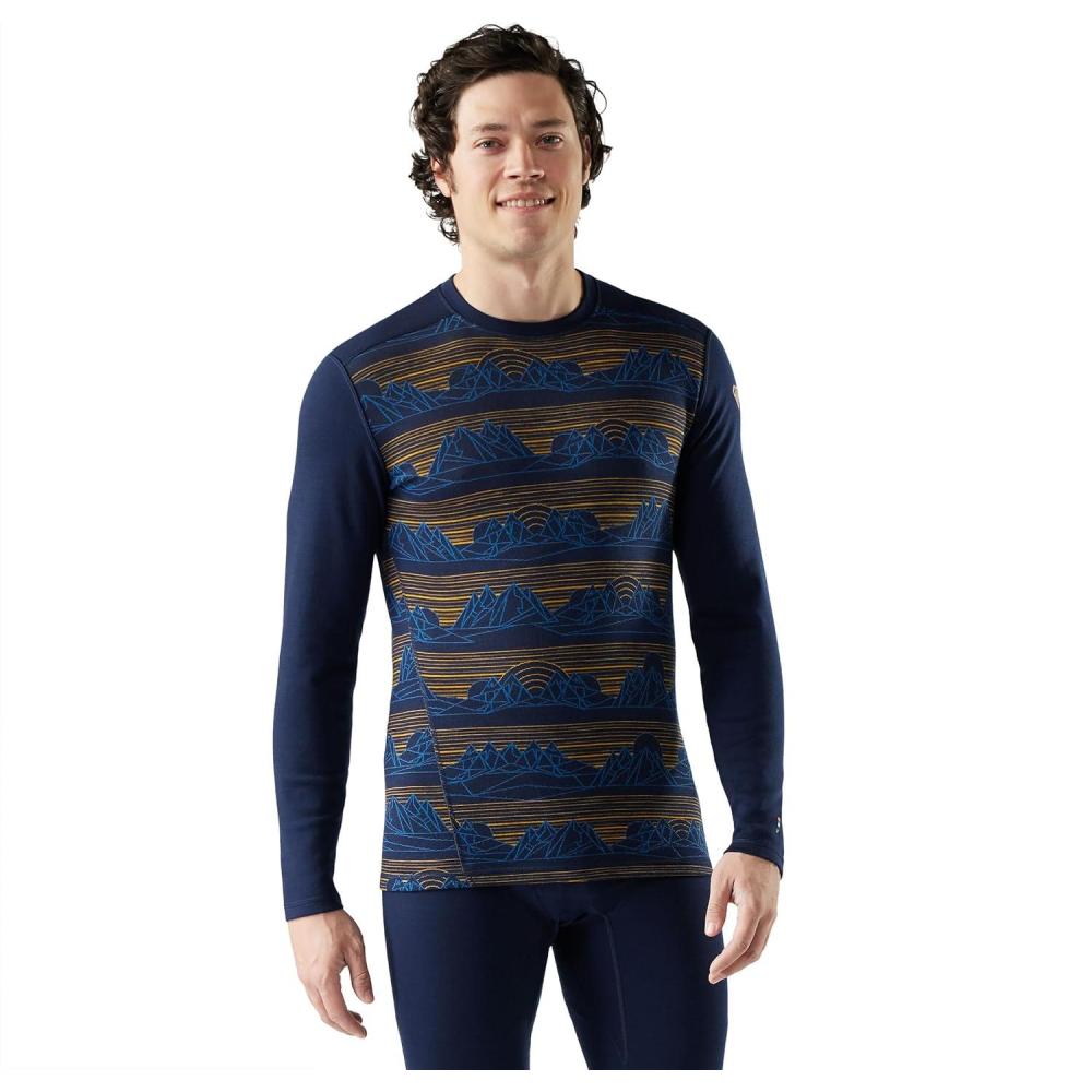 imageSmartwool Mens Classic Thermal Merino Wool Base Layer CrewDeep Navy Geo Peaks